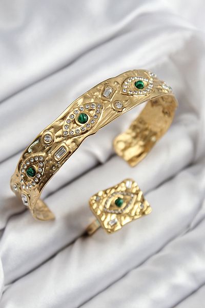 callerrons accessories Brass Zircon Stone Eye Model Gold Color Bracelet Ring Set - Ebj250726W36910