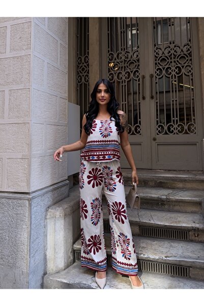 CARLA MARA طقم بلوزة بدون أكمام وبنطلون منقوش باللون الأحمر الداكن