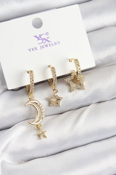 callerrons accessories Brass Zircon Stone Moon and Crescent Model Gold Color 3-Piece Women's Earrings - Ebj250726W36715