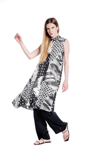 RVL Rochie tip camasa asimetrica din vascoza alb /negru