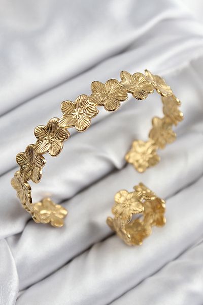 callerrons accessories Brass Flower Model Gold Color Bracelet Ring Set - Ebj250726W36906