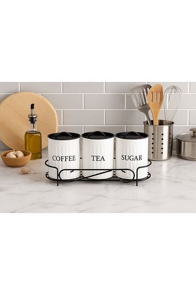 hemlife Metal Tea Coffee Sugar Jar Set with Stand 3-Piece Metal Jar Storage Box White Body Black Lid
