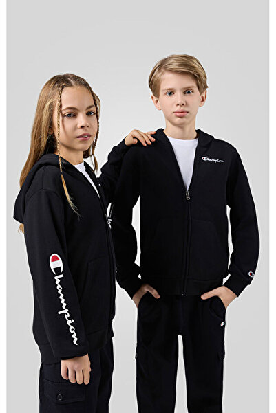 Champion Script Shop Hooded Full Zip Sweatshirt Siyah Çocuk Kapüşonlu Sweatsh...