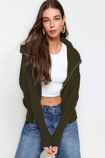 Trendyol Collection Turn-Down Collar Zippered Khaki Knitwear Cardigan - Wide Fit Twoaw24Hi00072
