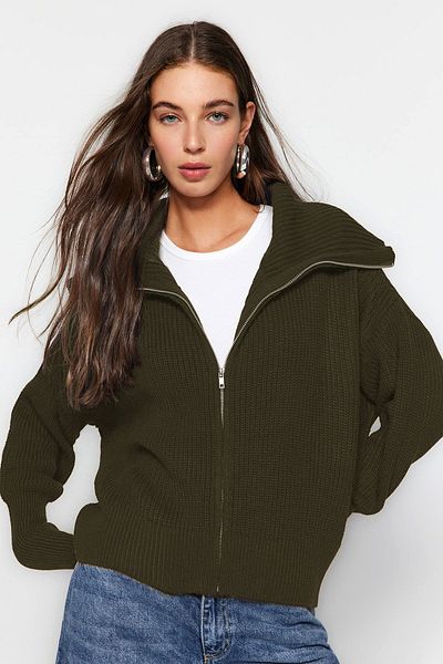 Trendyol Collection Turn-Down Collar Zippered Khaki Knitwear Cardigan - Wide Fit Twoaw24Hi00072