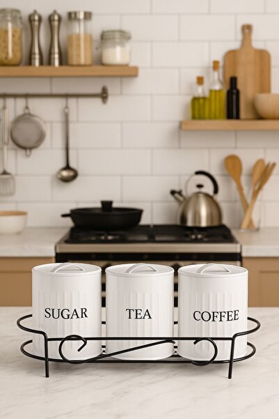 hemlife 3-Piece Tea Coffee Sugar Jar Set with Stand Metal Jar Storage Contain...