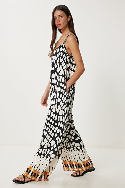Happiness İstanbul Women's Black Bone Strap Patterned Summer Viscose Jumpsuit Rc00156