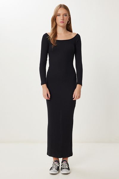 Happiness İstanbul Women's Black Slit Flexible Ribbed Knitted Dress Ub00459