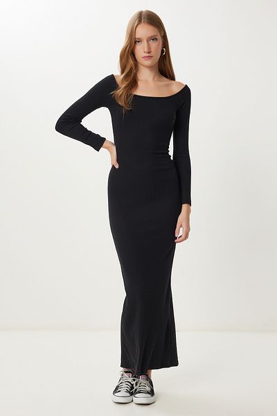 Happiness İstanbul Women's Black Slit Flexible Ribbed Knitted Dress Ub00459