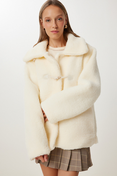 Happiness İstanbul Damen-Knochen-Polo-Kragen-Plüschmantel mit Taschen GK00023