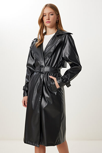 Happiness İstanbul Kadın Siyah Kemerli Suni Deri Kaban OH00065