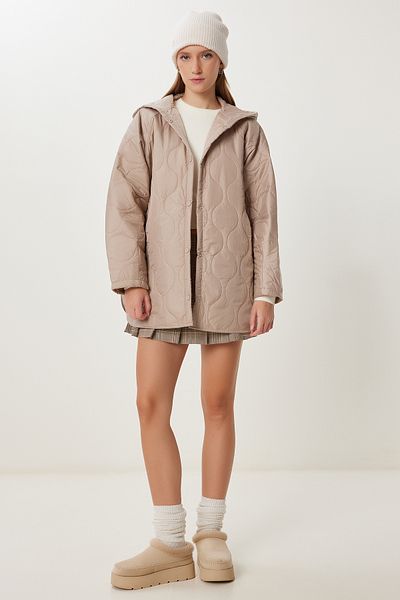 Happiness İstanbul Women's Beige Hooded Pocket Quilted Coat Oh00064