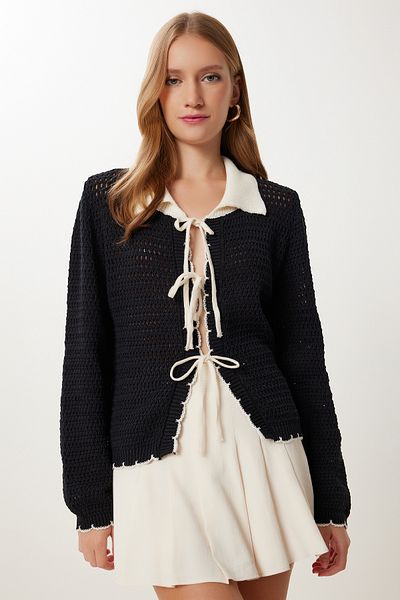 Happiness İstanbul Women's Black Contrast Color Tie-Up Knitwear Cardigan Mx00251