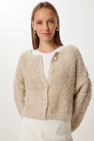 Happiness İstanbul Women's Beige Stylish Buttoned Boucle Knitwear Cardigan Mx00252