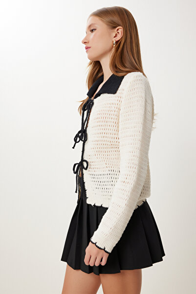 Happiness İstanbul Kadın Kemik Kontrast Renkli Bağlamalı Triko Hırka MX00251