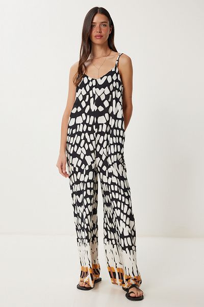 Happiness İstanbul Women's Black Bone Strap Patterned Summer Viscose Jumpsuit Rc00156