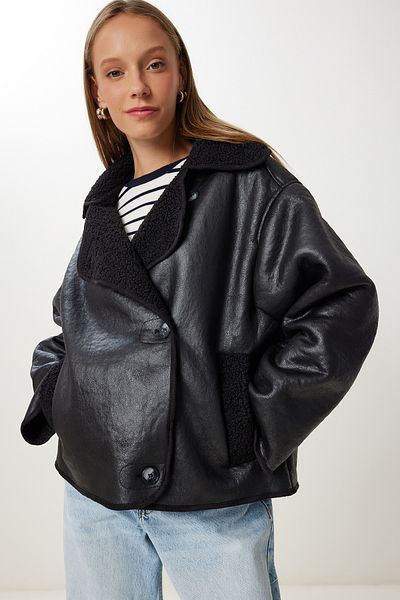 Happiness İstanbul Women's Black Fur Faux Leather Jacket Kt00014