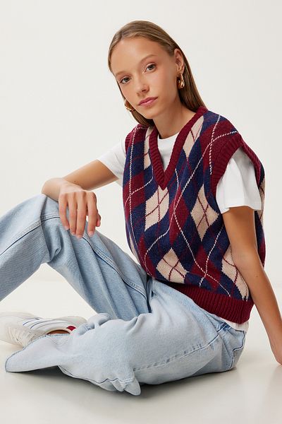 Happiness İstanbul Women's Burgundy Navy Blue Diamond Patterned Knitwear Sweater Mx00250