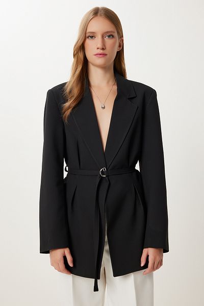 Happiness İstanbul Women's Black Padded Belted Blazer Woven Jacket Kt00023