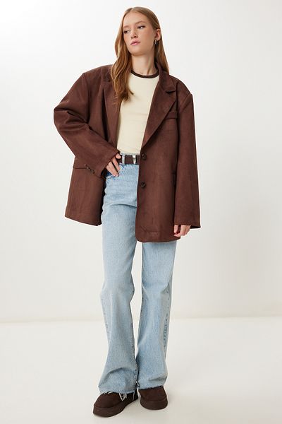Happiness İstanbul Γυναικείο καφέ Oversize Premium Suede Jacket KT00016