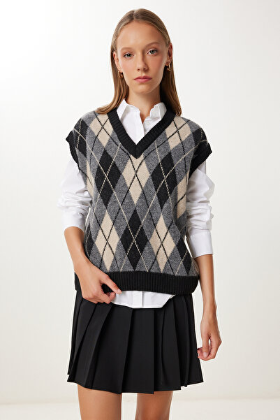 Happiness İstanbul Women's Black Gray Diamond Patterned Knitwear Sweater Mx00250