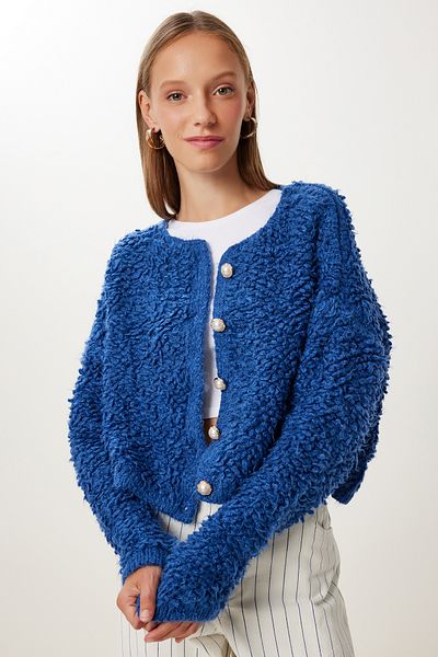 Happiness İstanbul Women's Cobalt Blue Stylish Buttoned Boucle Knitwear Cardigan Mx00252