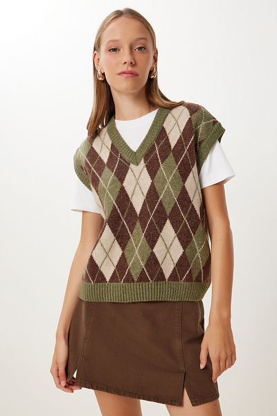 Happiness İstanbul Women's Khaki Brown Diamond Patterned Knitwear Sweater Mx00250