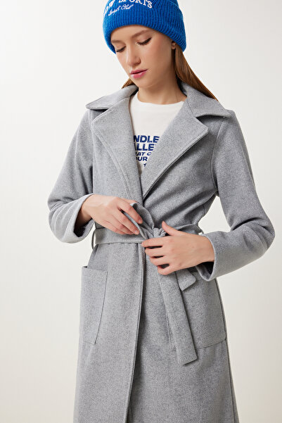 Happiness İstanbul Palton gri pentru femei, cu guler dublu, cu centură, MX00253