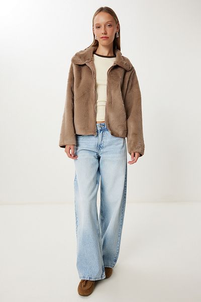 Happiness İstanbul Women's Beige Brown Double Sided Polo Collar Jacket Kt00015