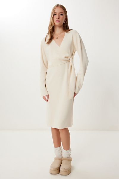 Happiness İstanbul Women's Cream Double Breasted Collar Knitwear Dress Pf00115