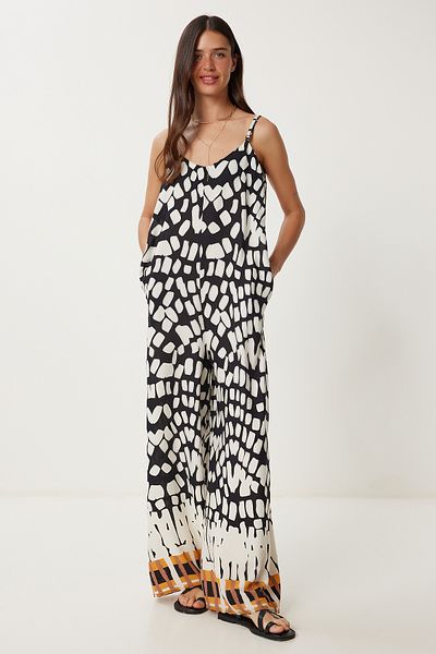 Happiness İstanbul Women's Black Bone Strap Patterned Summer Viscose Jumpsuit Rc00156