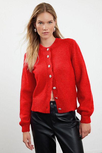 Trendyol Collection Pomegranate Flower Soft Texture Gem Button Coat Look Knitwear Cardigan Twoaw21Hi0034