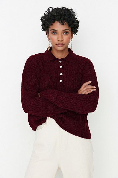 Trendyol Collection Pulover de tricotaj cu textura moale, roșu Claret, model larg TWOAW21KZ2635