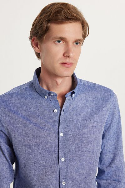 Tudors Ανδρικό Slim Fit Slim Fit Μακρυμάνικο Λινό Premium Σειρά με κουμπιά πέτο Αθλητικό πουκάμισο Navy Blue