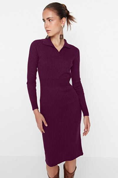 Trendyol Collection Plum Midi Knitwear Polo Collar Dress Twoaw22El1376
