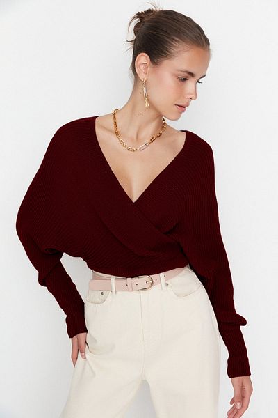 Trendyol Collection Pulover tricotat cu două piepturi bordeaux TWOAW21KZ1277