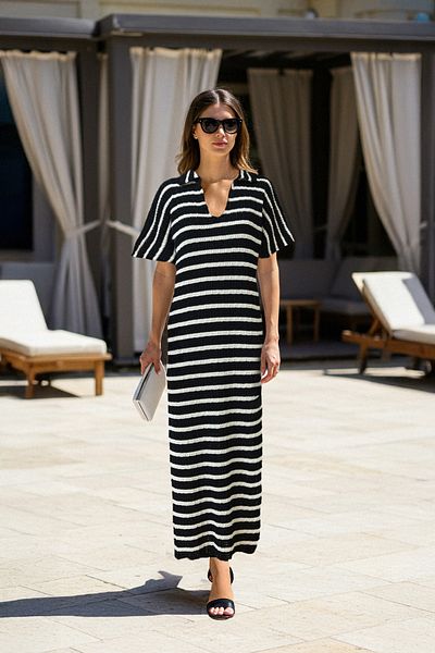 Trendyol Collection Black Maxi Knitwear Striped Polo Collar Dress Twoss24El00824