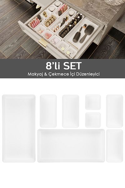 Meleni Home 8-Piece Cosmetic Jewelry Organizer Makeup Organizer - Design Drawer Organizer Box White