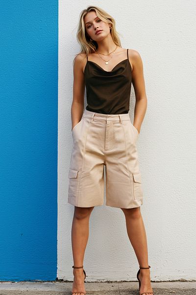 Trendyol Collection Beige High Waist Cargo Pocket Bermuda Shorts & Bermuda Twoss25Sr00009