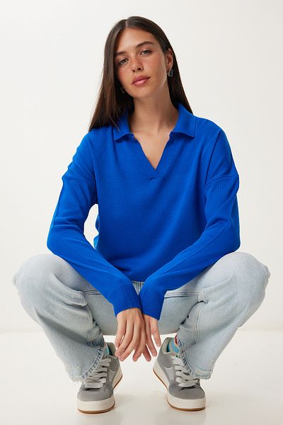 Happiness İstanbul Pulover de bază cu gât polo albastru de damă bv00094