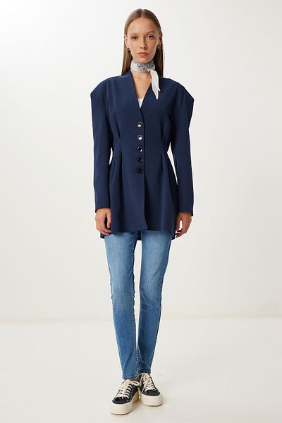 Happiness İstanbul Women's Navy Blue Waist Fitted Padded Woven Jacket Kt00026