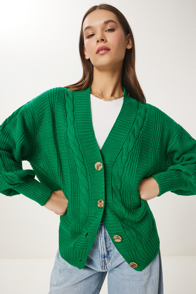 Happiness İstanbul Γυναικεία Σμαραγδένια Πράσινη Πλεκτό Μπαλόνι μανίκι Φαρδιά Πλεκτά Ζακέτα ZA00039