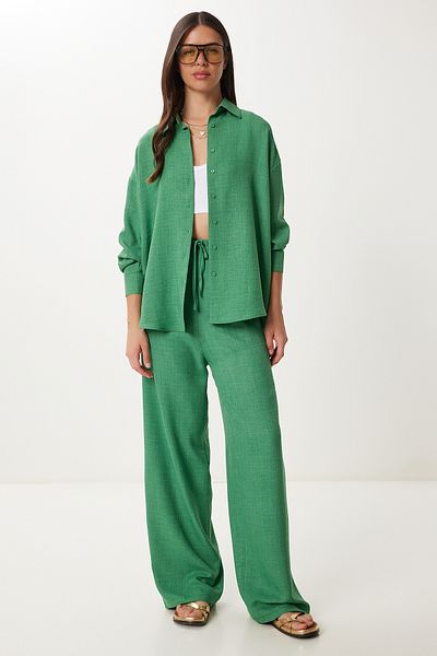 Happiness İstanbul Women's Green Linen Shirt Pants Suit Pb00051