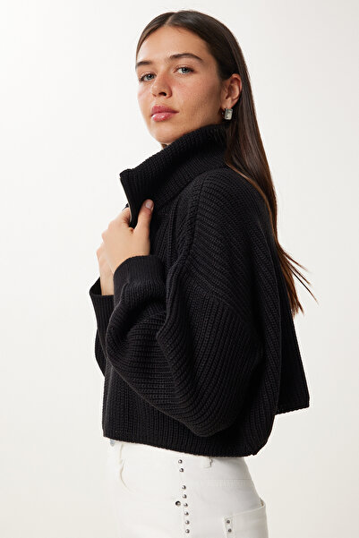 Happiness İstanbul Pulover negru cu fermoar pentru tricotaje pentru femei MX00124