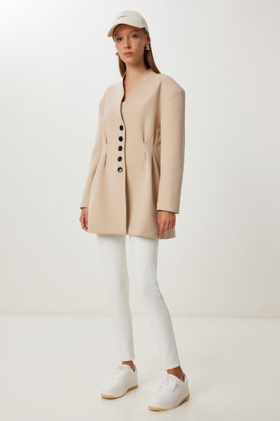 Happiness İstanbul Women's Dark Cream Waist Fitted Padded Woven Jacket Kt00026