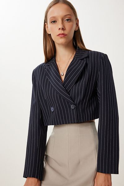 Happiness İstanbul Women's Black Striped Padded Crop Woven Jacket Kt00020