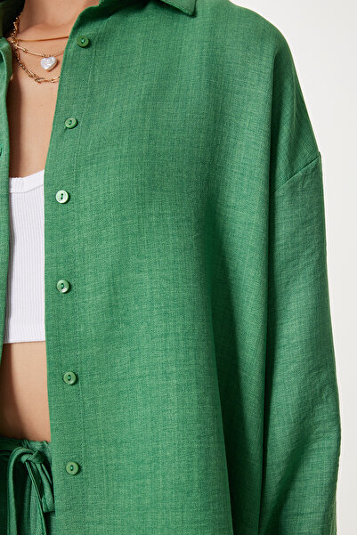 Happiness İstanbul Women's Green Linen Shirt Pants Suit Pb00051