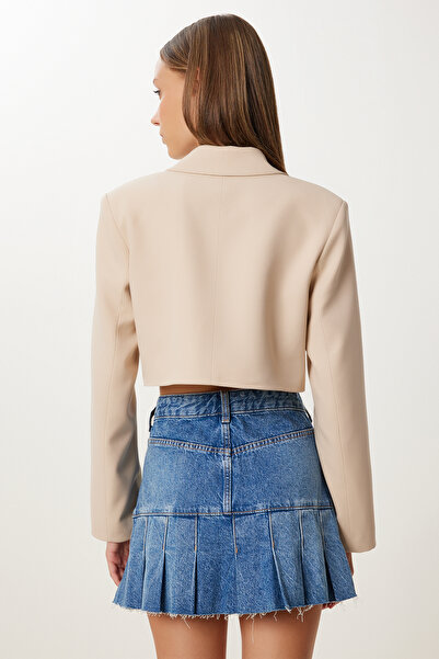 Happiness İstanbul Women's Dark Cream Padded Crop Woven Jacket Kt00019