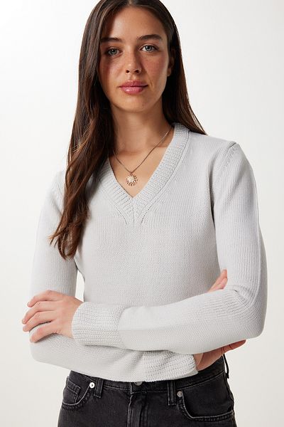 Happiness İstanbul Pulover de tricot crop cu decolteu în V de piatră pentru femei PF00040