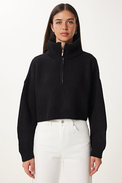 Happiness İstanbul Pulover negru cu fermoar pentru tricotaje pentru femei MX00124